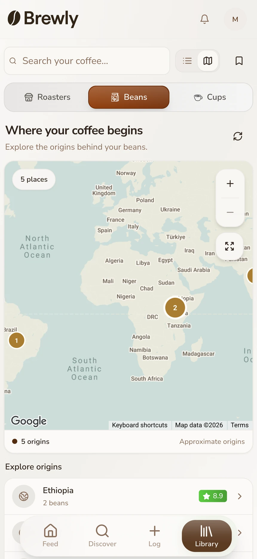 Brewly Library map showing example coffee origins and an Ethiopia rating