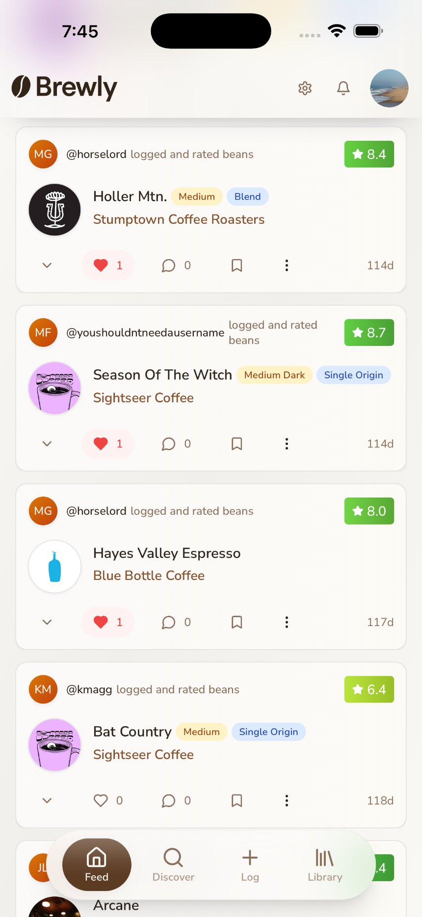 Coffee people sharing their brews and ratings in the Brewly community feed