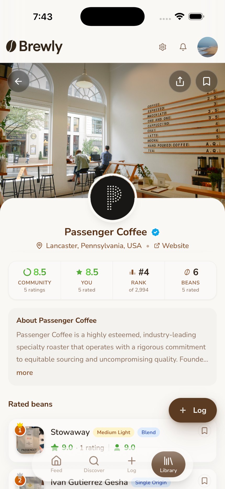 A Passenger Coffee roaster profile with community ratings in Brewly